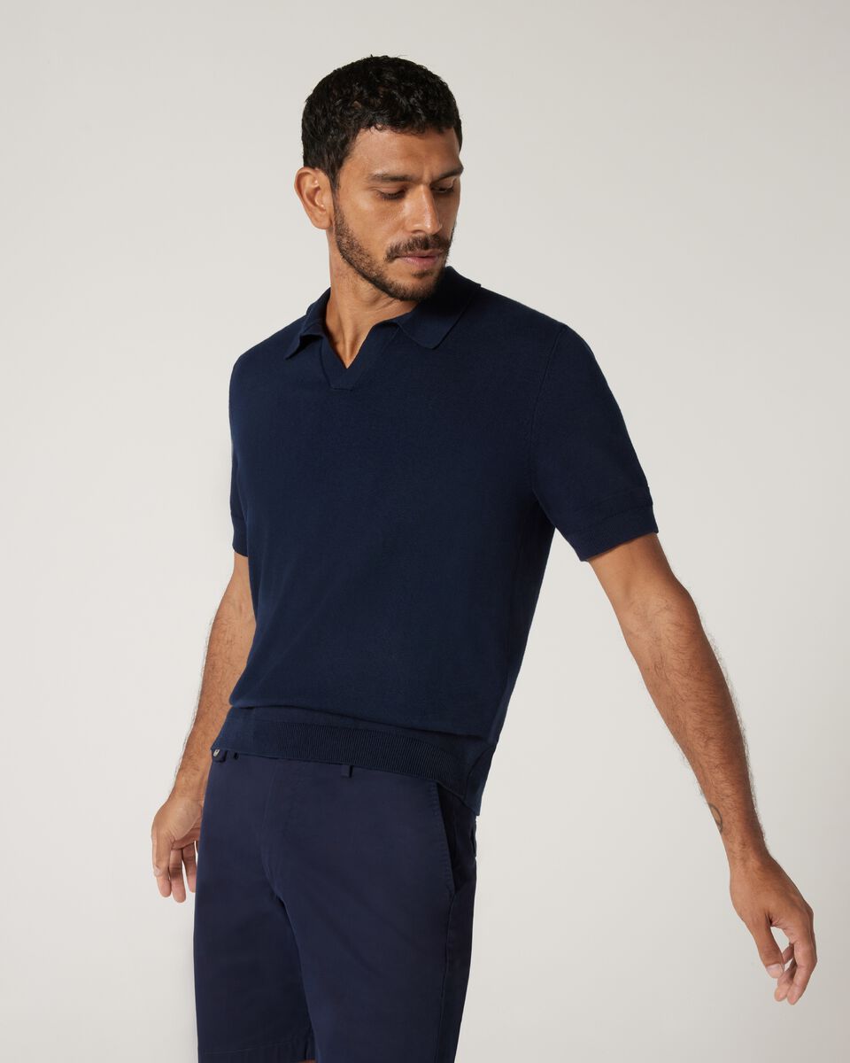 Short Sleeve Trophy Neck Knit, Navy, hi-res